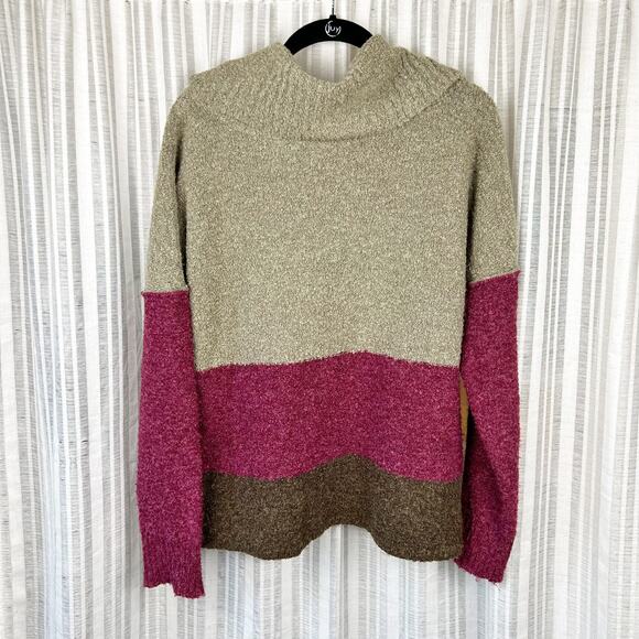 Royal Robbins Colorblock Magenta Brown Tan Cowl Neck Slouchy Pullover Size XL - Picture 2 of 5